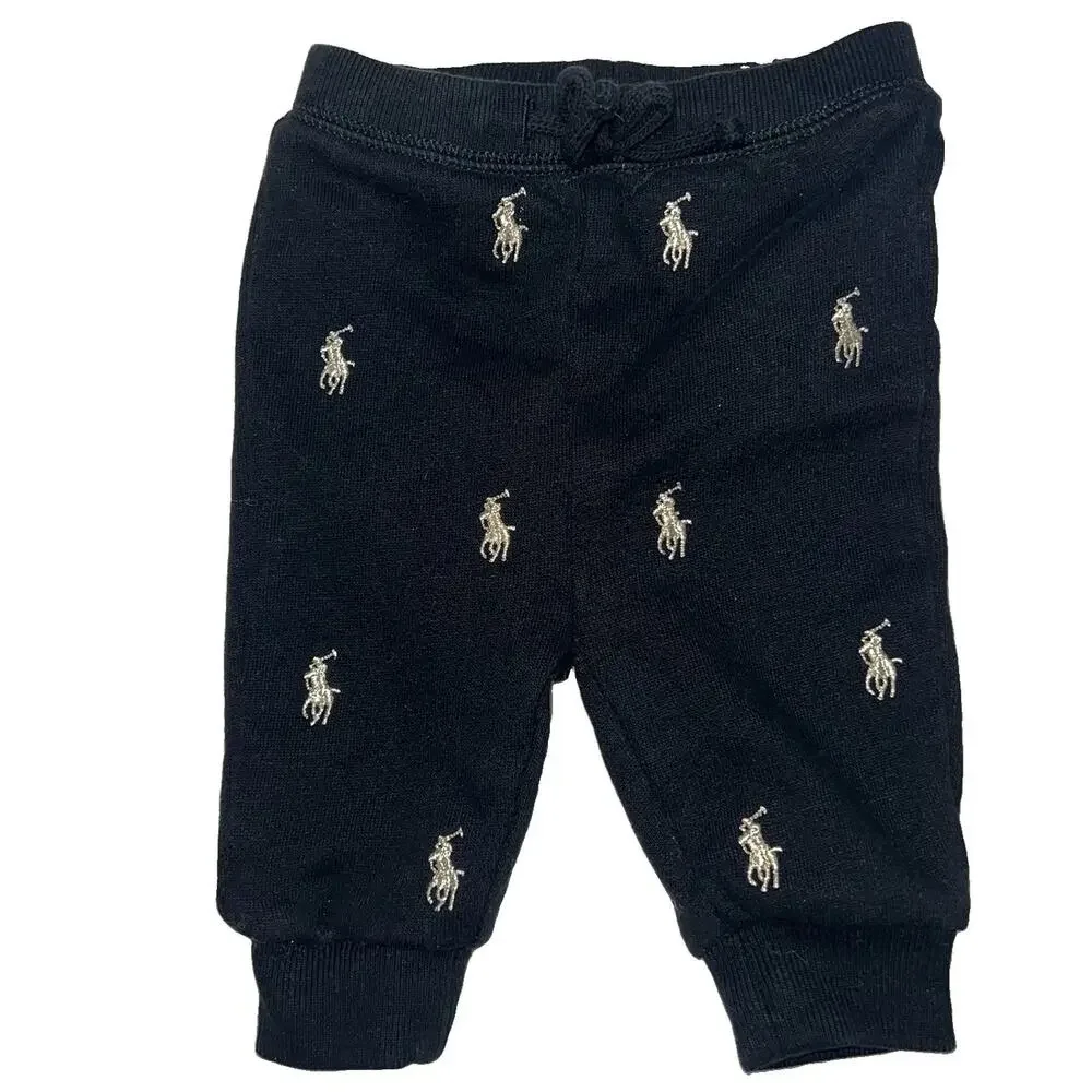 Ralph Lauren Tracksuit Baby Size 3M Black Fleece Gold Logo AOP Hoodie Pants Set